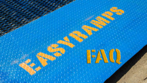blue ramp with yellow logo of Easyramps and FAQ, container loading ramps